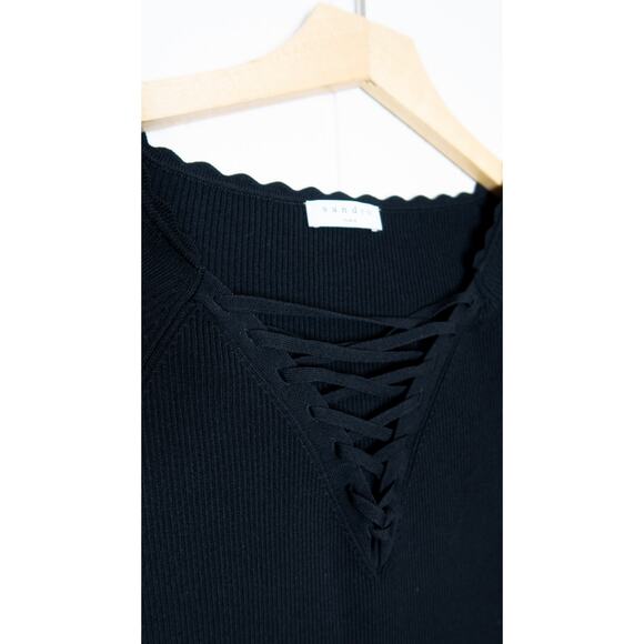 SANDRO Black Ribbed Lace Up Long Sleeve Sweater Top LARGE - Picture 7 of 10